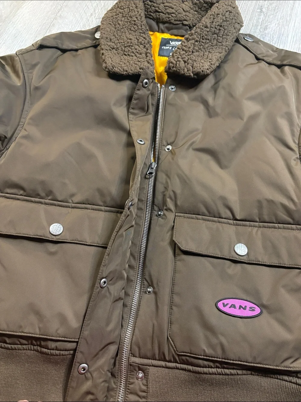Vans Brown Bomber Jacket with Sherpa Collar and Yellow Lining